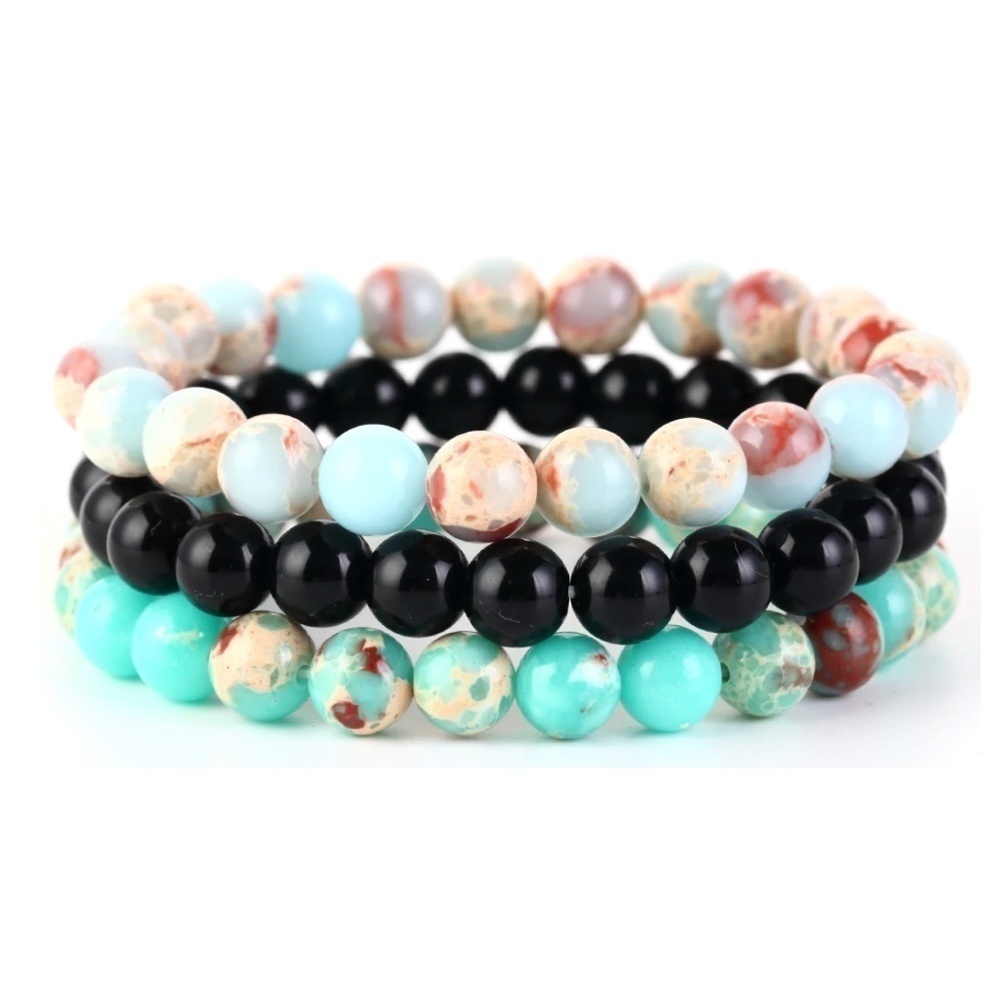 Turquoise Agate & Onyx Beaded Set of Three Bracelets - Picture 1 of 2